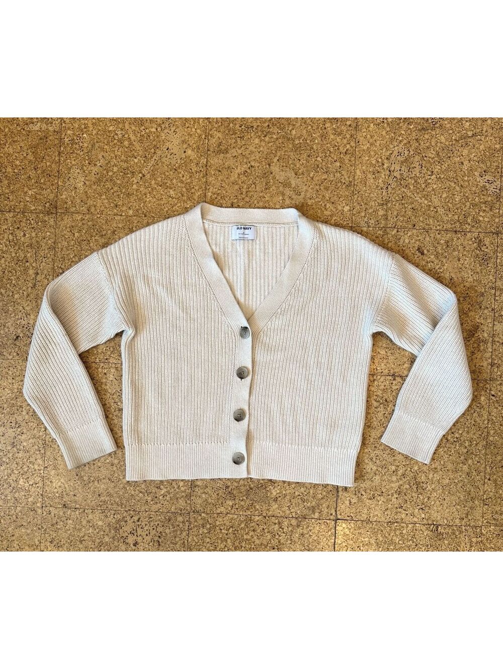 Old Navy Cream Knit Cardigan Women's M Chunky Knit V Neck Big Buttons Cotton